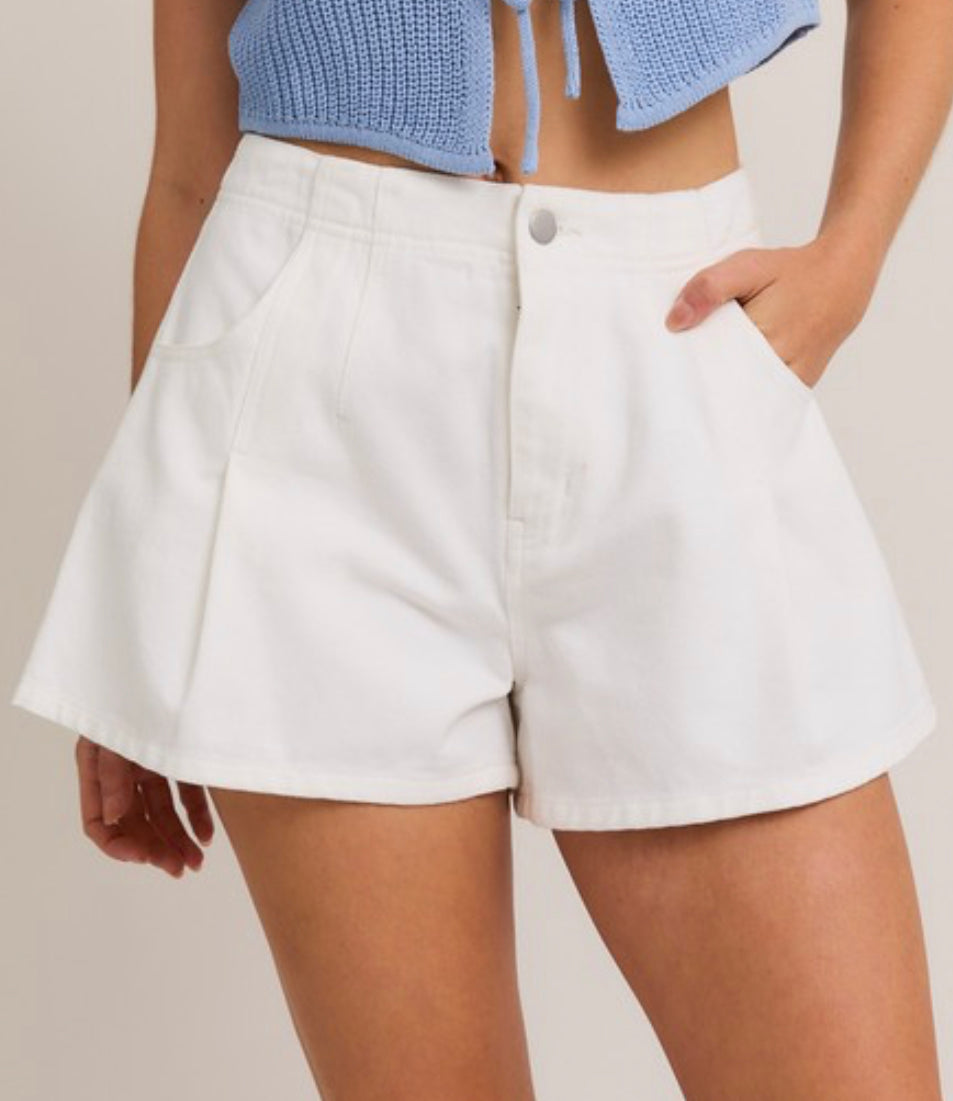 Pleated Denim Shorts