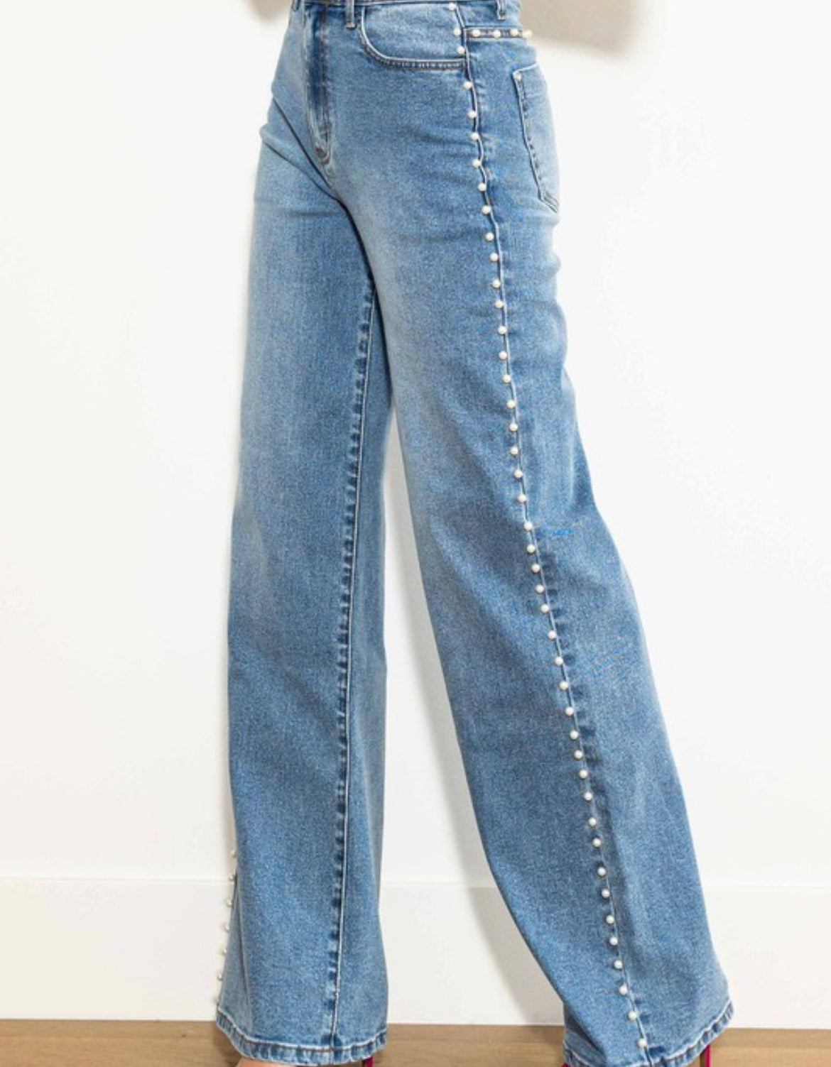 Pearl Stud High Rise Wide Jeans