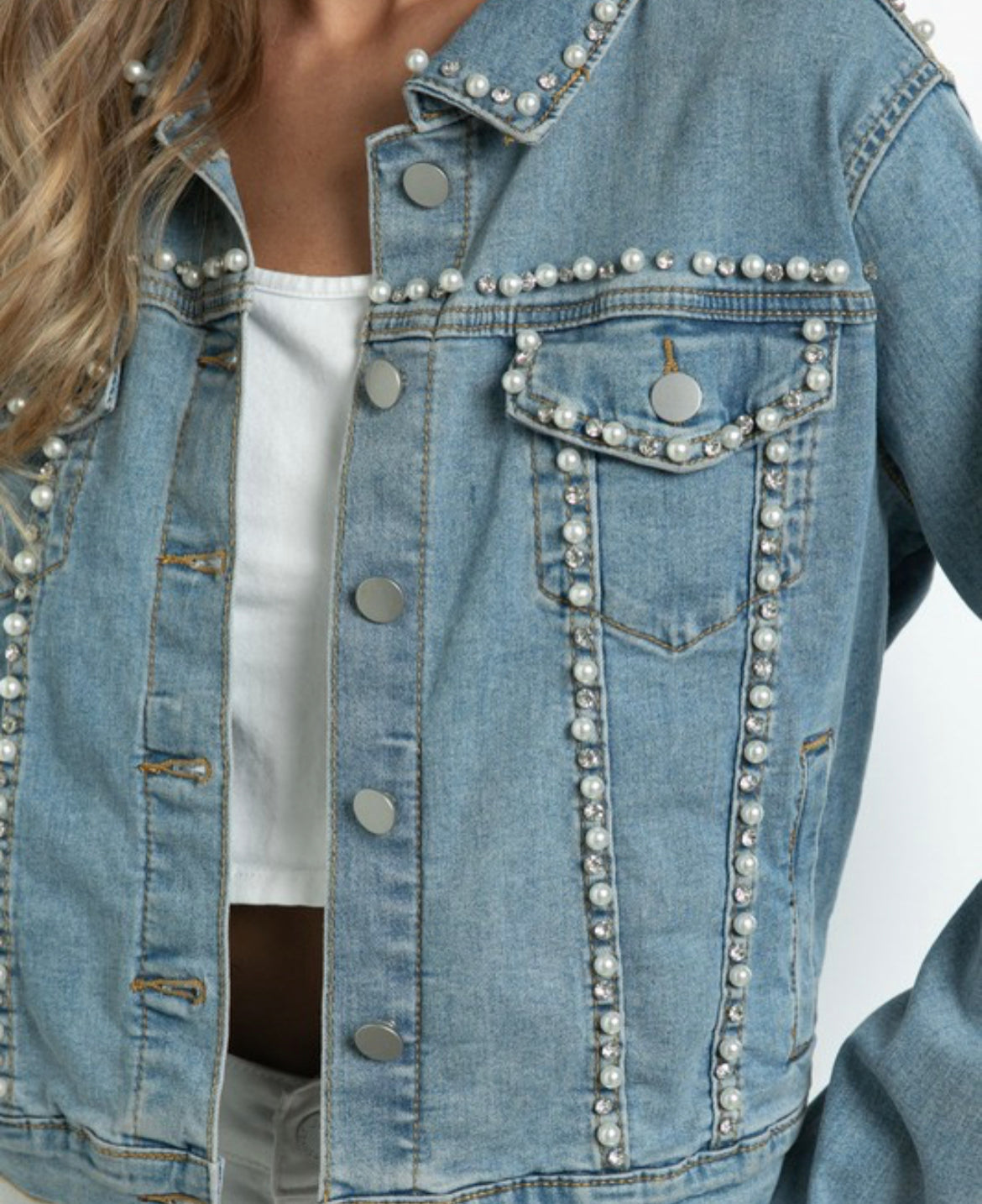 Rhinestone/Pearl Denim Jacket-Final Sale