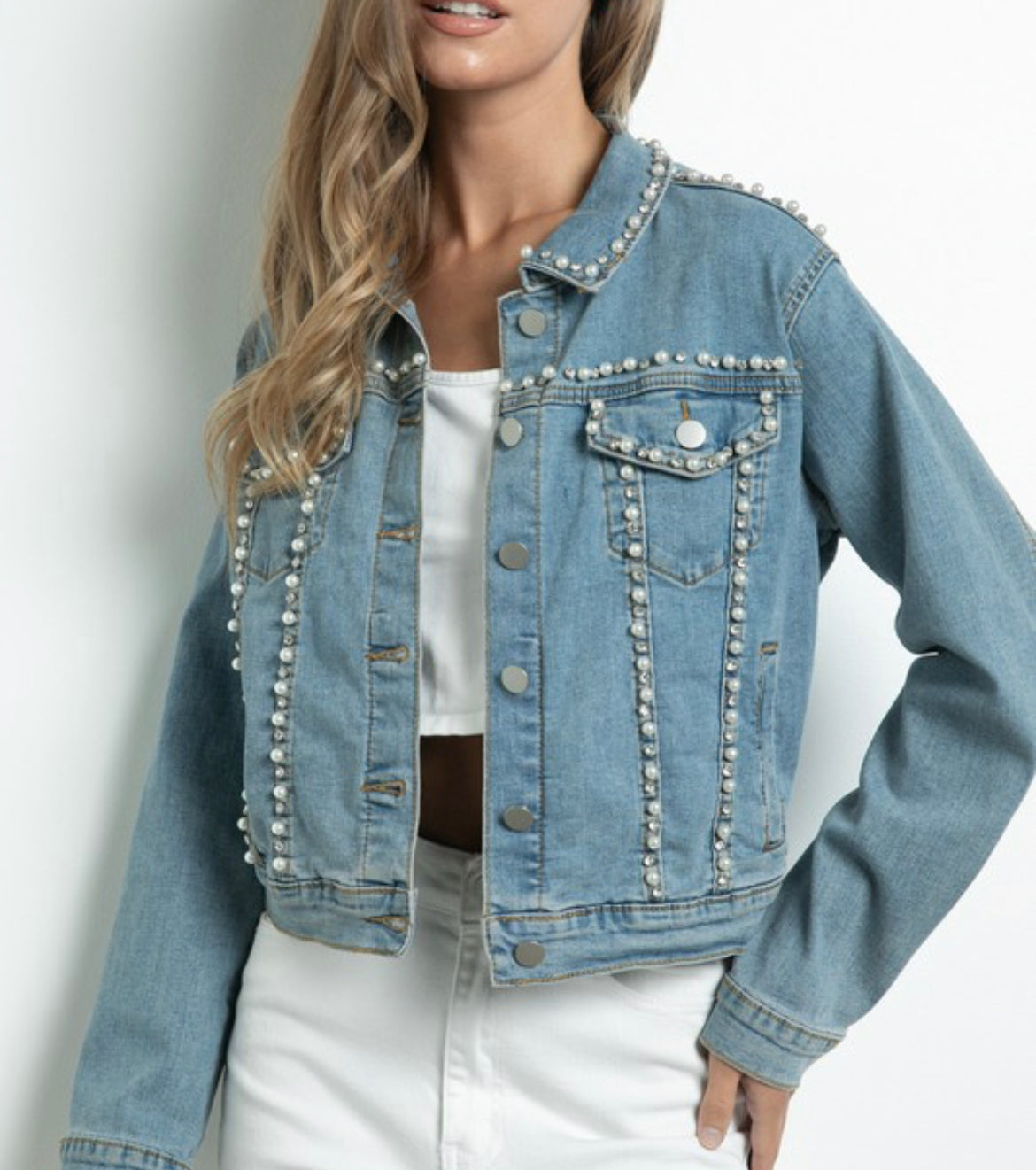 Rhinestone/Pearl Denim Jacket-Final Sale