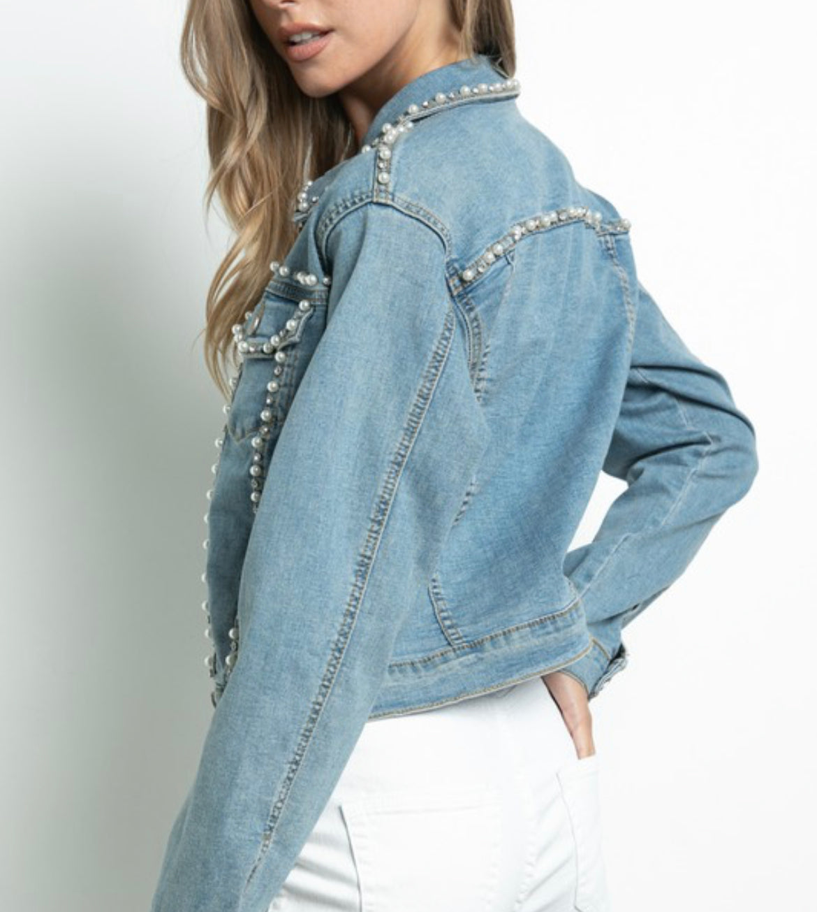 Rhinestone/Pearl Denim Jacket-Final Sale