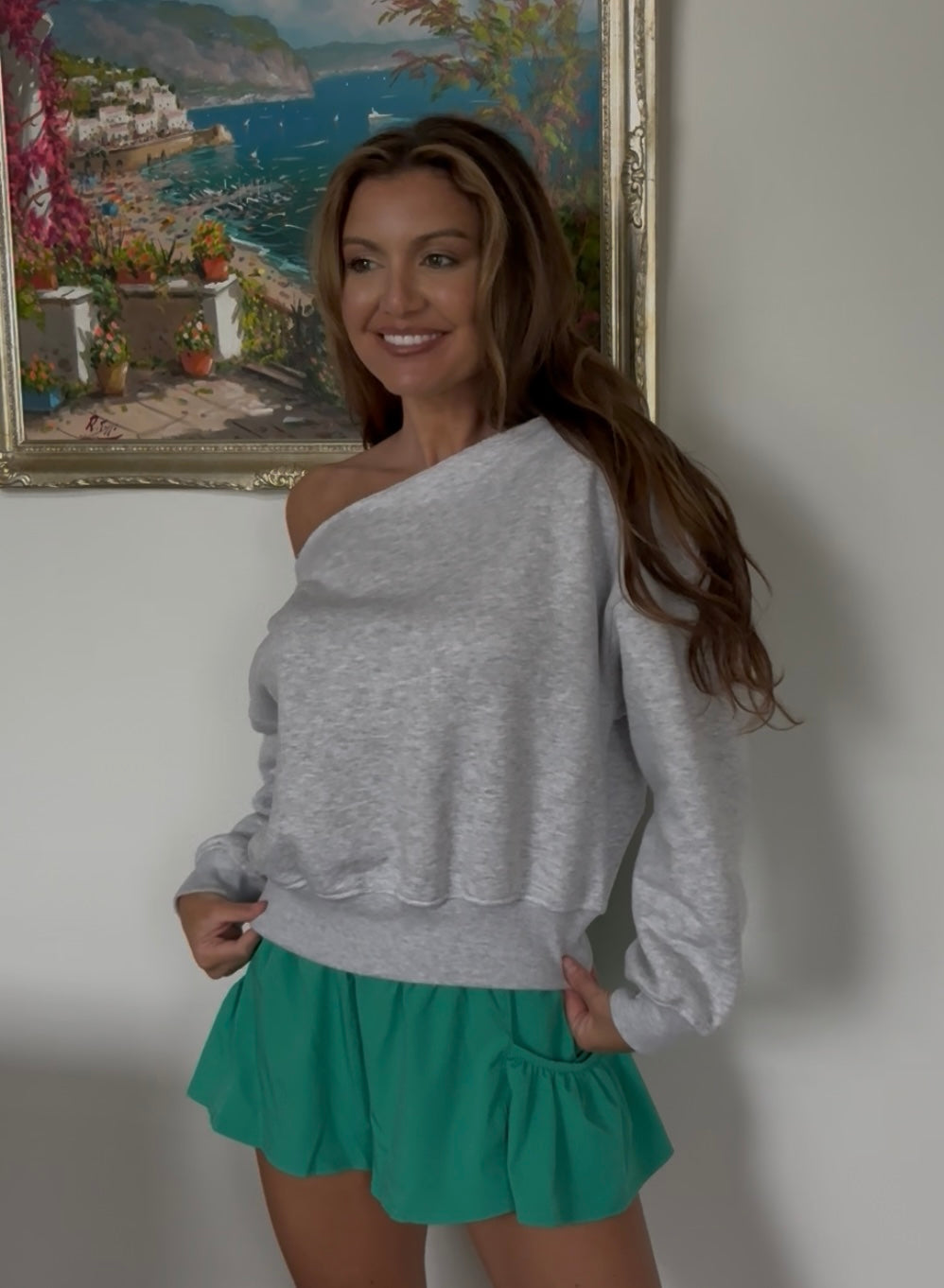 French Terry Off Shoulder Top-Grey