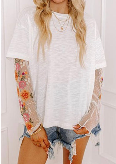 Floral Mesh Sleeve Casual Top