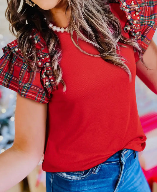 Plaid Pearl Ruffle Sleeve Top