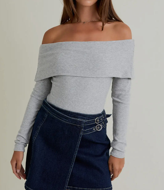 Grey Off Shoulder Long Sleeve Top